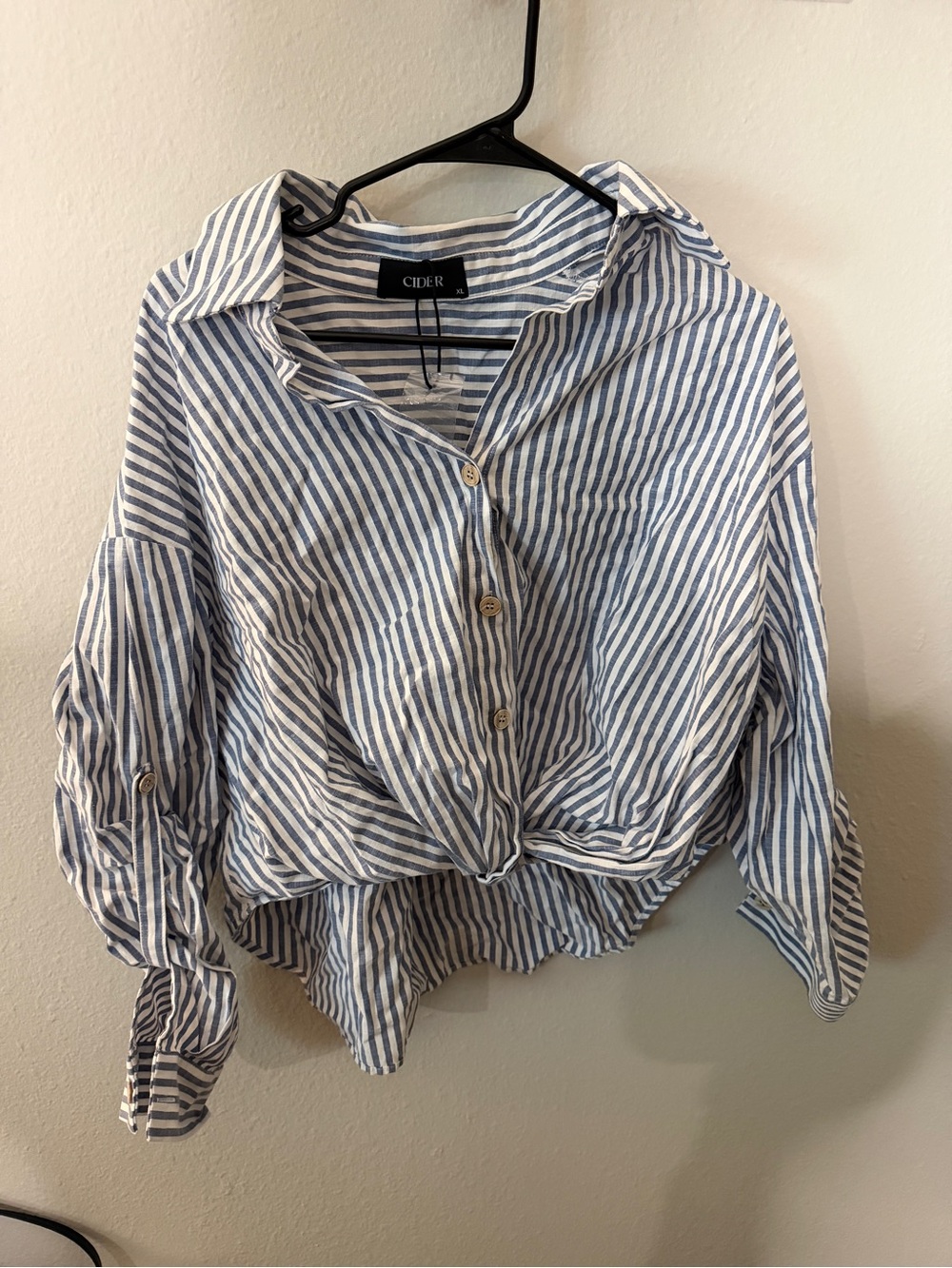 Cider Blue & White Striped Button-Front Knotted Shirt